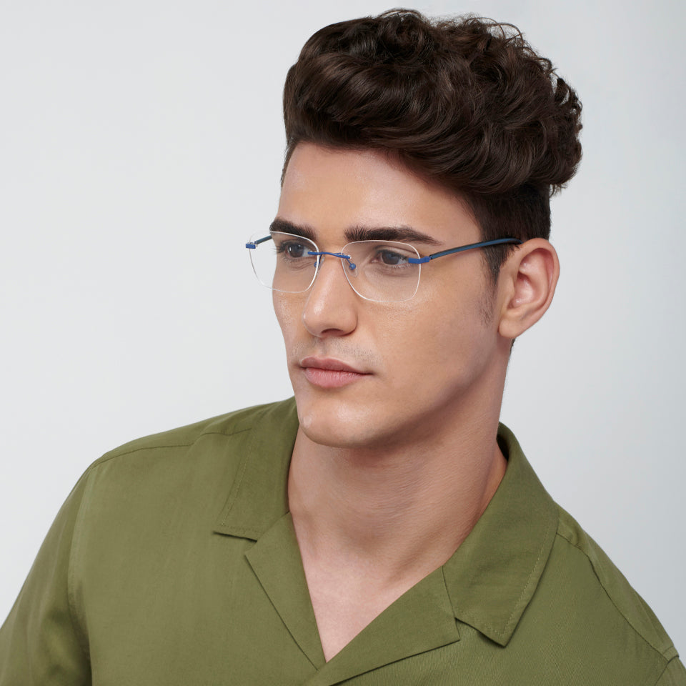 Blue Rectangle Rimless Unisex Eyeglasses by Vincent Chase Computer